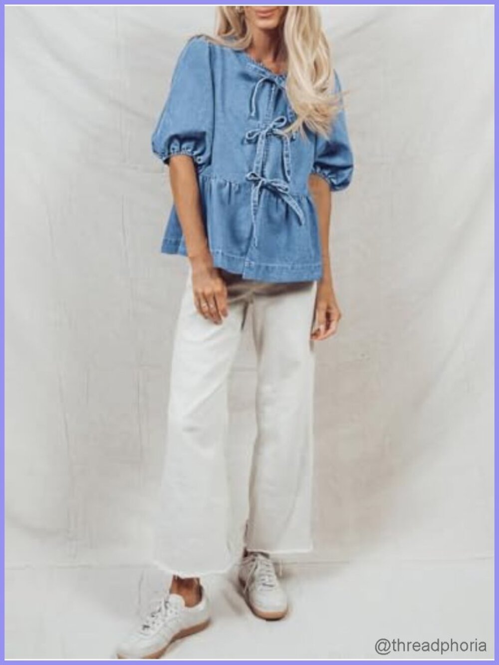 Denim Babydoll Peplum Blouse Puff Sleeve Tie Front Women - Picture 5 of 6